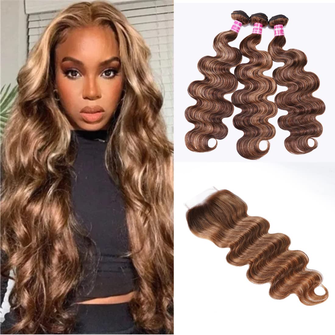 UNICE Honey Blonde Body Wave Human Hair 3 Bundles with 4x4 Closure, Ombre 12A, 16 