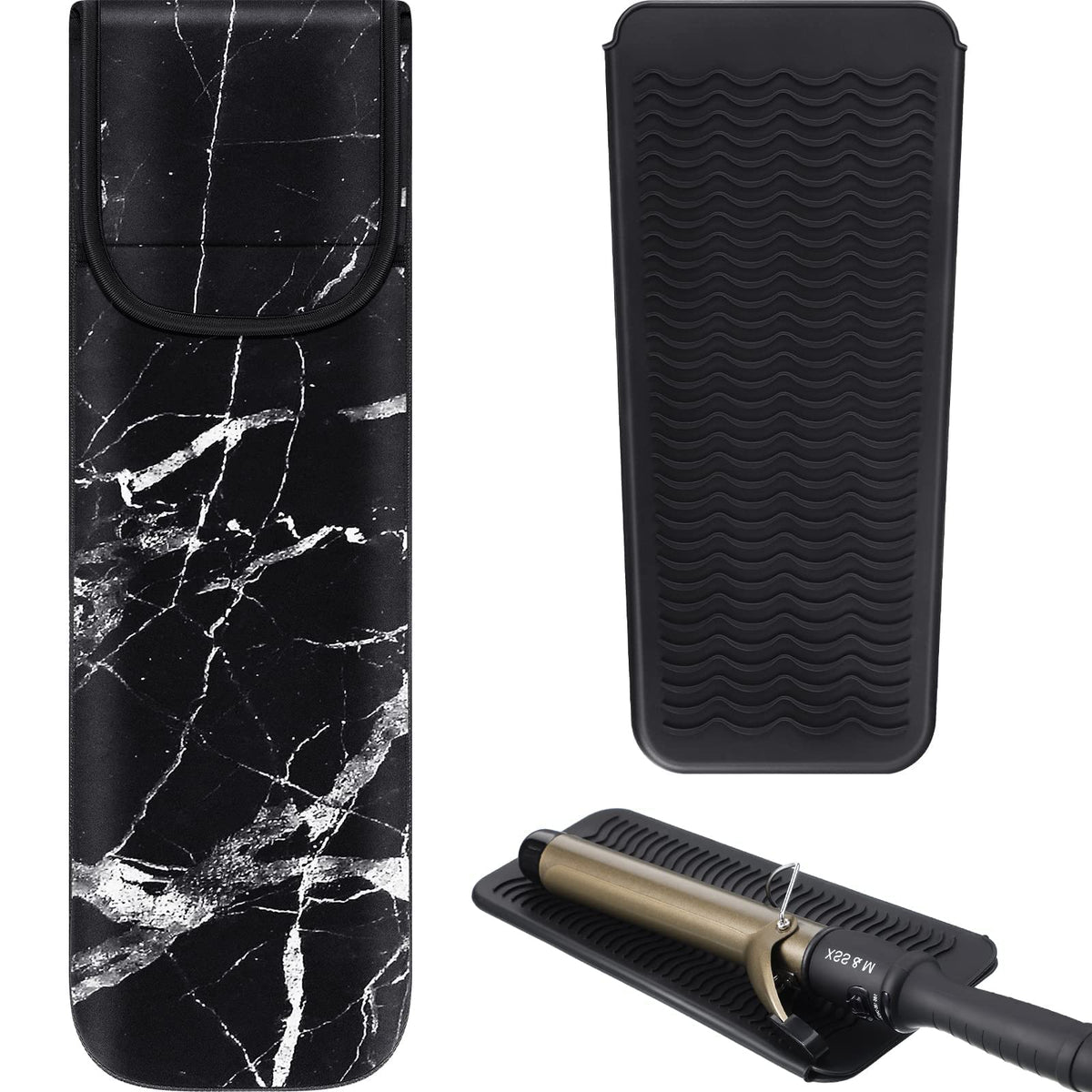 Shappy Heat Resistant Flat Iron Case & Silicone Travel Mat For Hair Tools - Black Retro Style