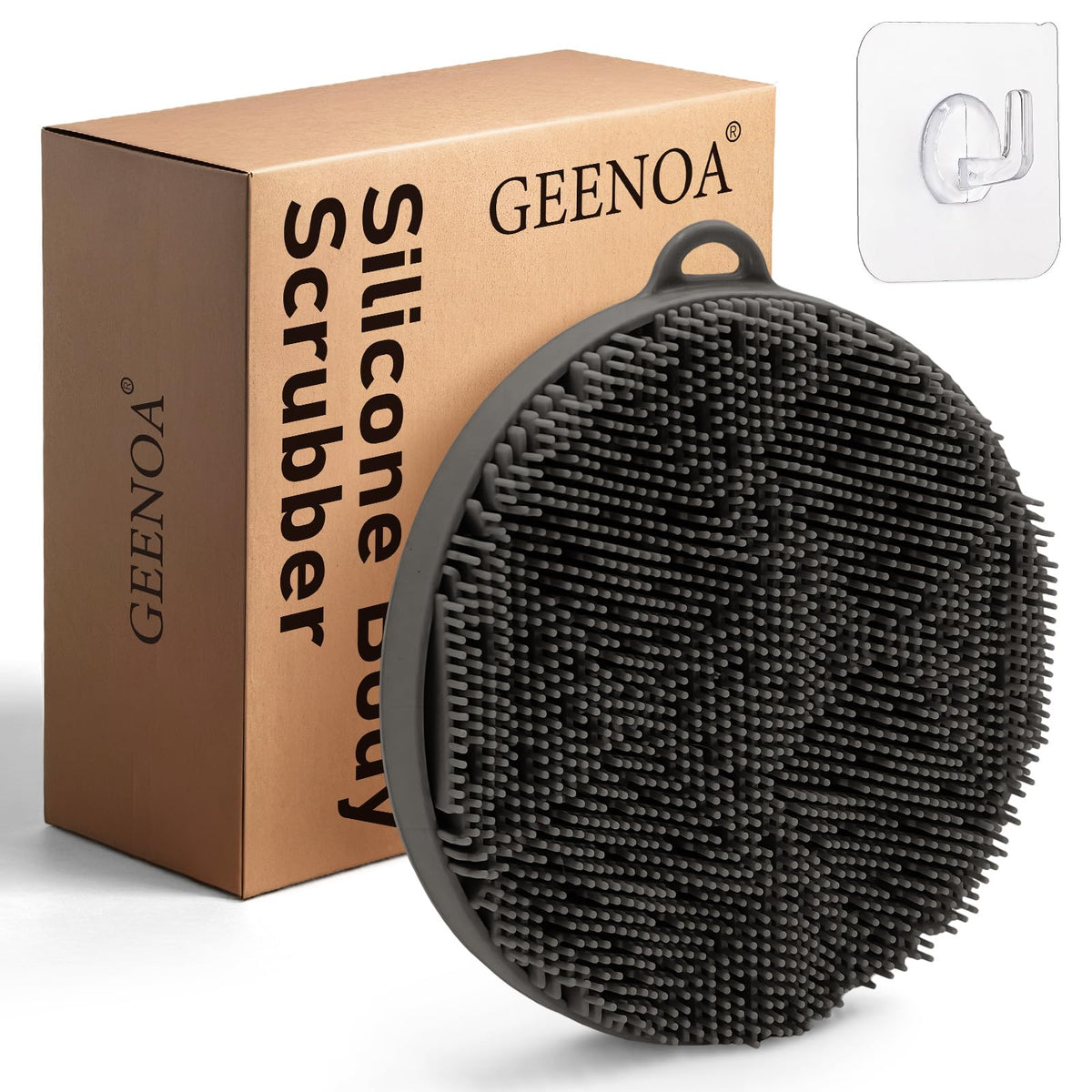 Geenoa Silicone Body Scrubber - Exfoliating Loofah With Bristles & Comfort Handle, Gray