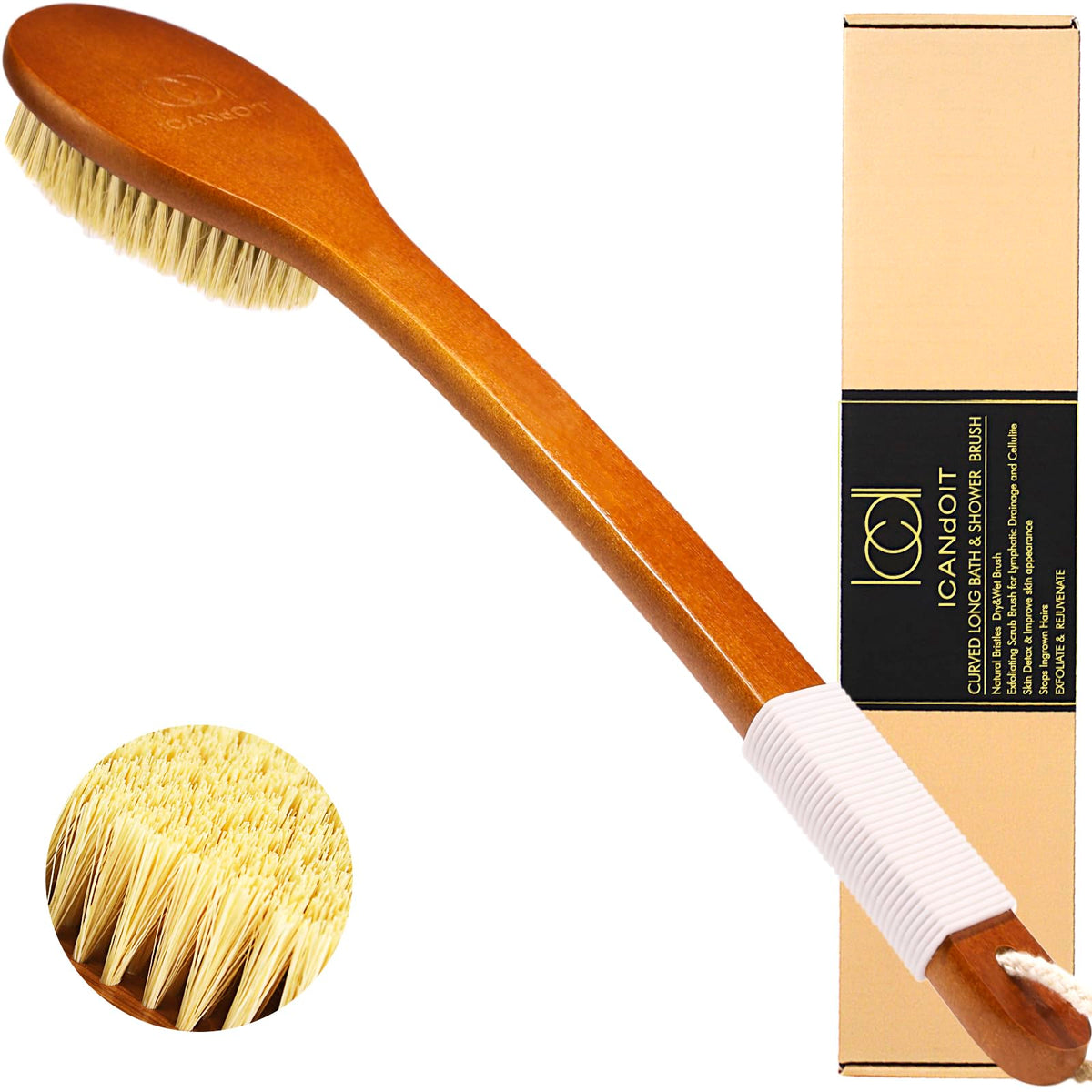 Icandoit Bath Brush With Stiff Sisal Bristles, Curved Anti-Slip Handle For Exfoliating Shower