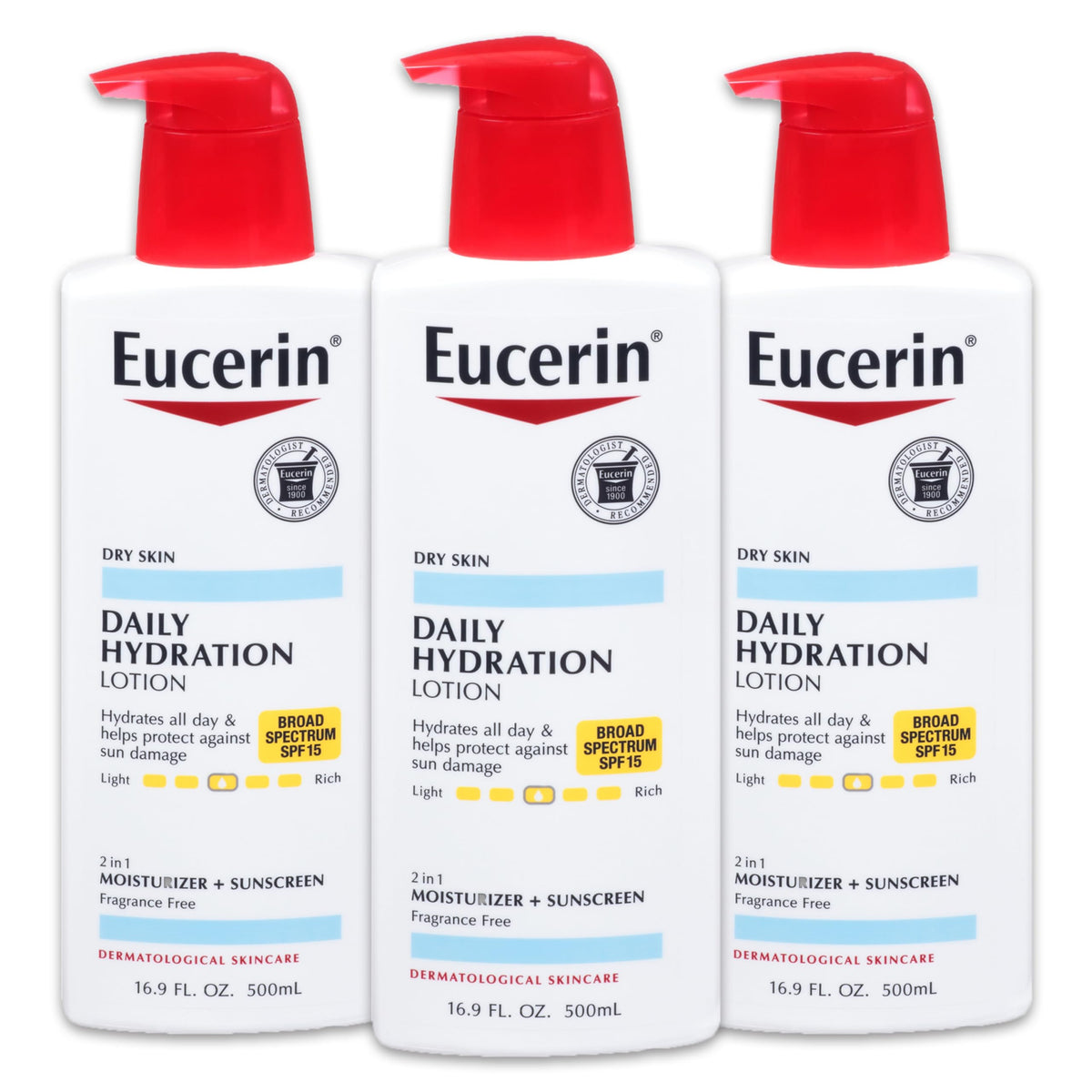 Eucerin Daily Hydration Lotion Spf 15 - 16.9 Fl Oz Pump Bottle (Pack Of 3) For Dry Skin