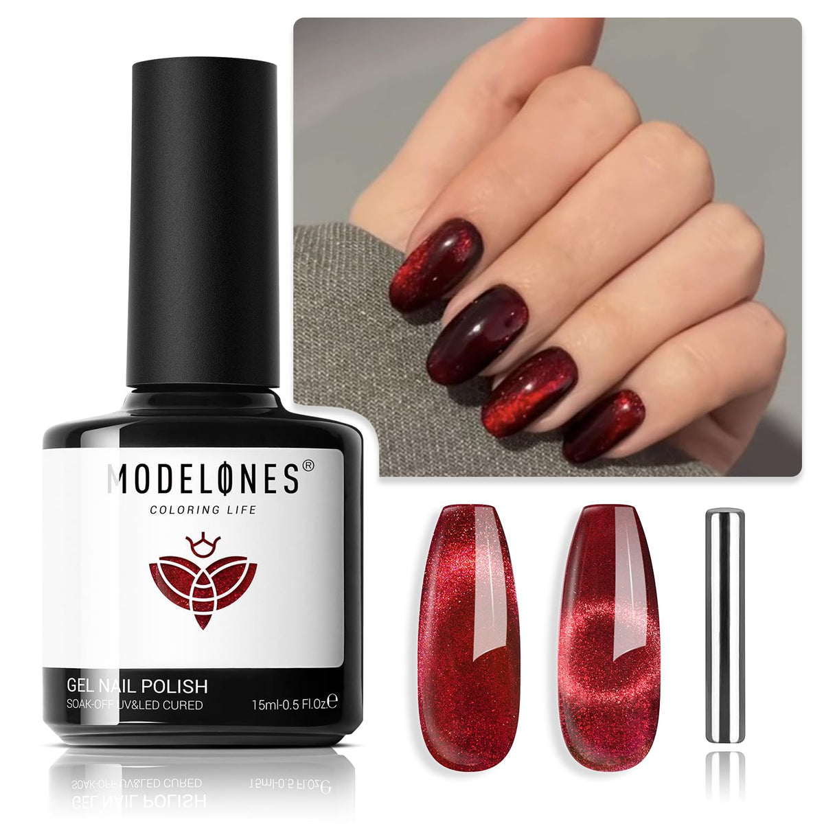 Modelones Cat Eye Gel Nail Polish - Glitter Red Magnetic Uv Gel, 15 Ml, Perfect For Diy & Gifts