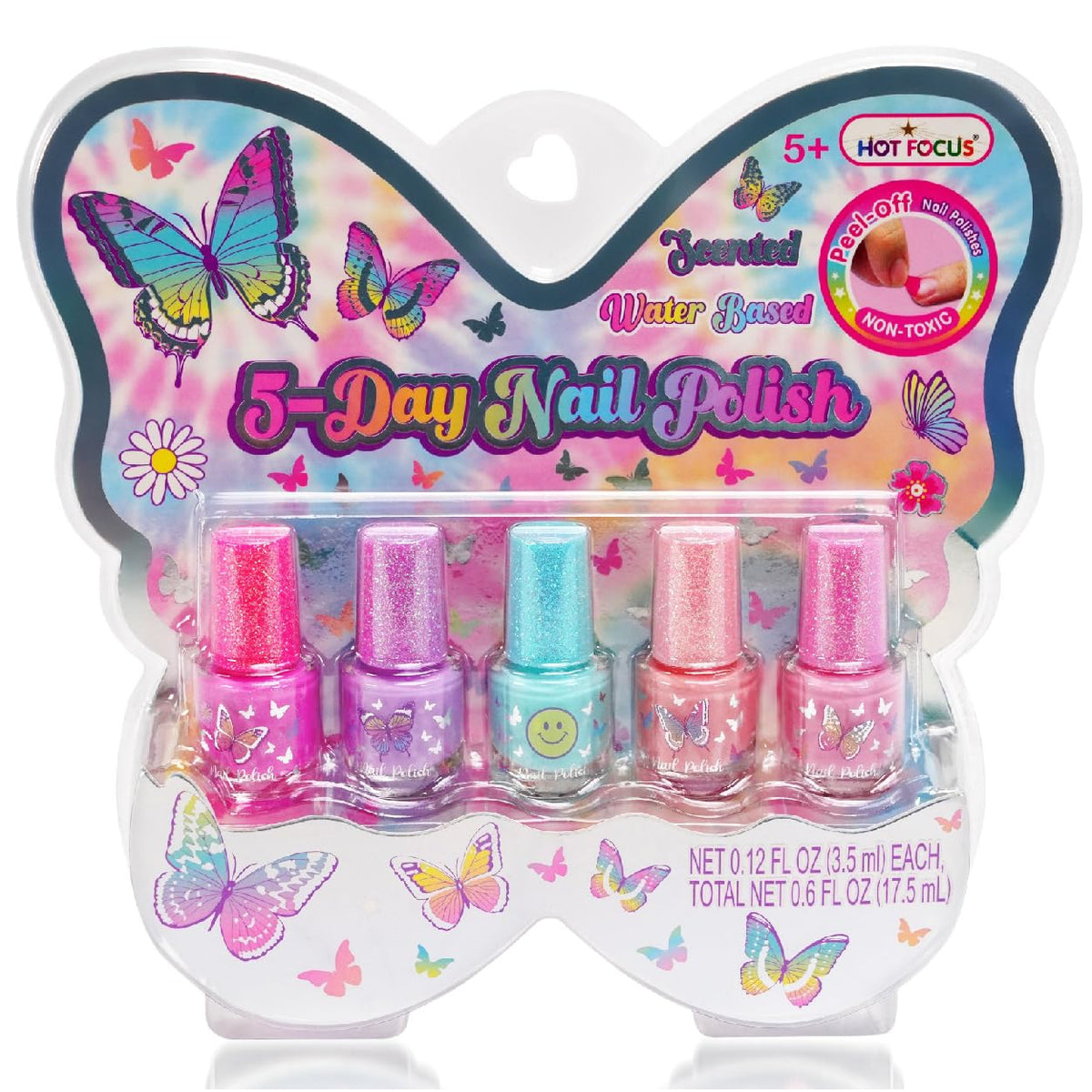 Hot Focus Scented Nail Polish Set For Girls - Quick-Dry, Peel Off, 5 Colors, 0.2 Fl Oz