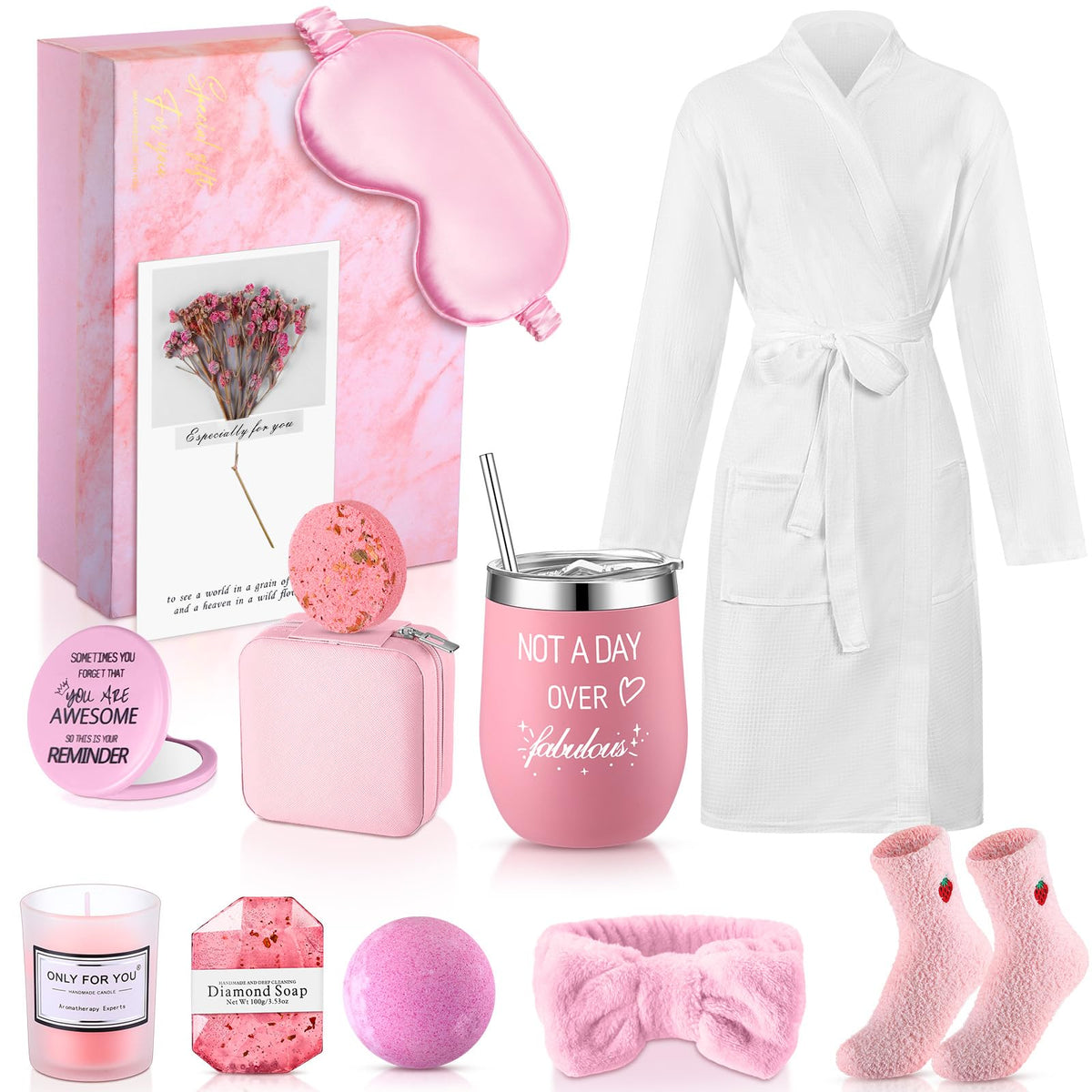 Nuogo 13 Pcs Valentine'S Day Spa Gift Basket Set For Women - Pink Robe, Jewelry Case & More