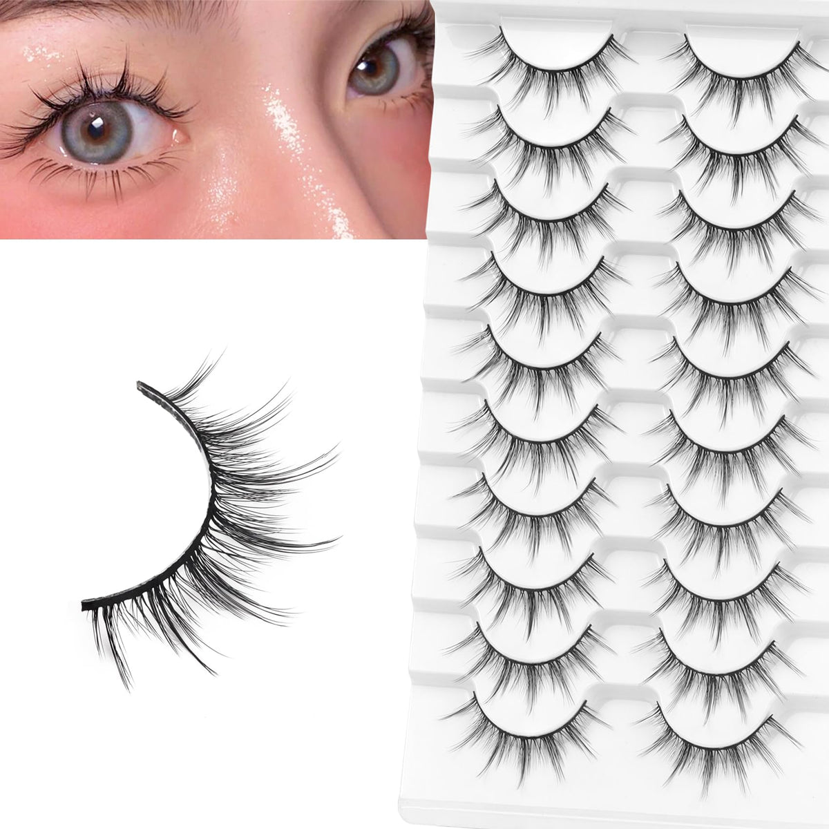 Veleasha 10 Pairs Manga Lashes - Natural Spiky 16MM Anime Fake Eyelashes for Daily Use