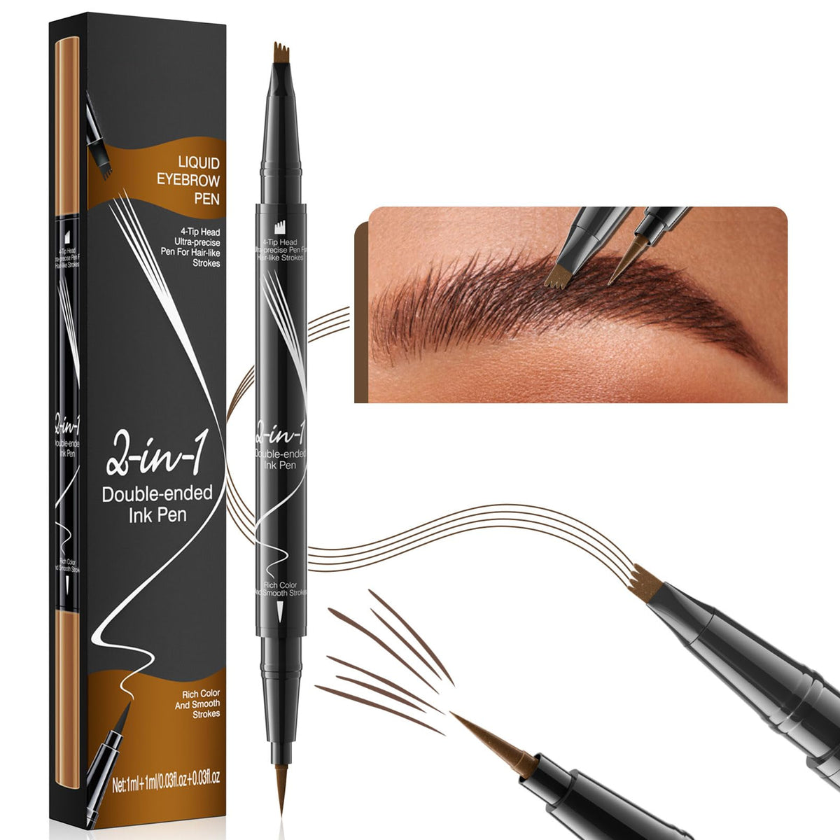 Yulinlon 9706 2-In-1 Double-Ended Liquid Eyebrow Pen, Waterproof, 4 Colors, Ultra Fine