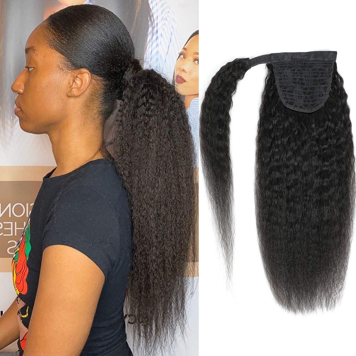 Kislemon Kinky Straight Ponytail 24&quot; Human Hair Clip-In Extensions, Natural Black Wrap Around