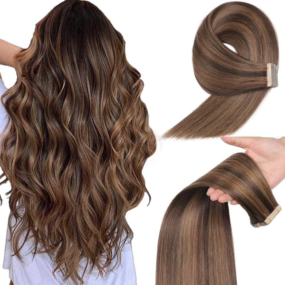 Yddm 24&quot; Tape In Hair Extensions, 20Pcs Remy Human Hair, Dark Brown Highlighted Chestnut Brown