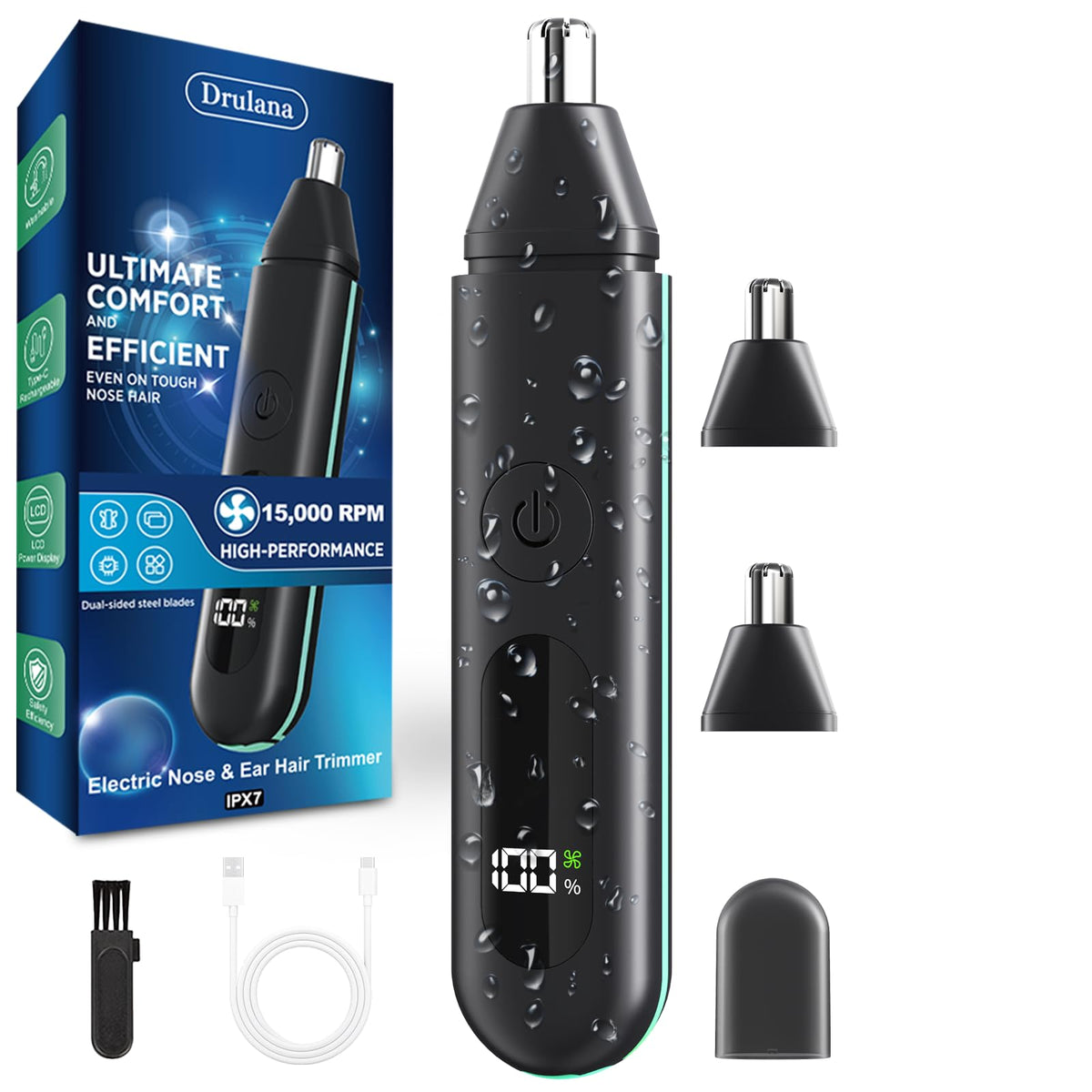 Drulana Nose Hair Trimmer - Painless, Waterproof, Usb Rechargeable, Dual Edge Blades, Lcd Display