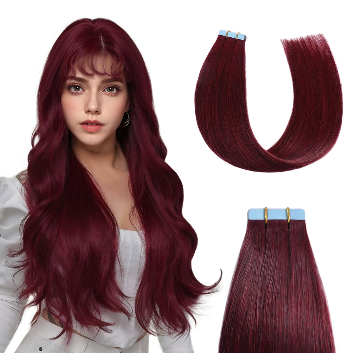 Sunya 12&quot; Burgundy Tape In Hair Extensions - Real Human Hair, Seamless Skin Weft, 20Pcs/Pack