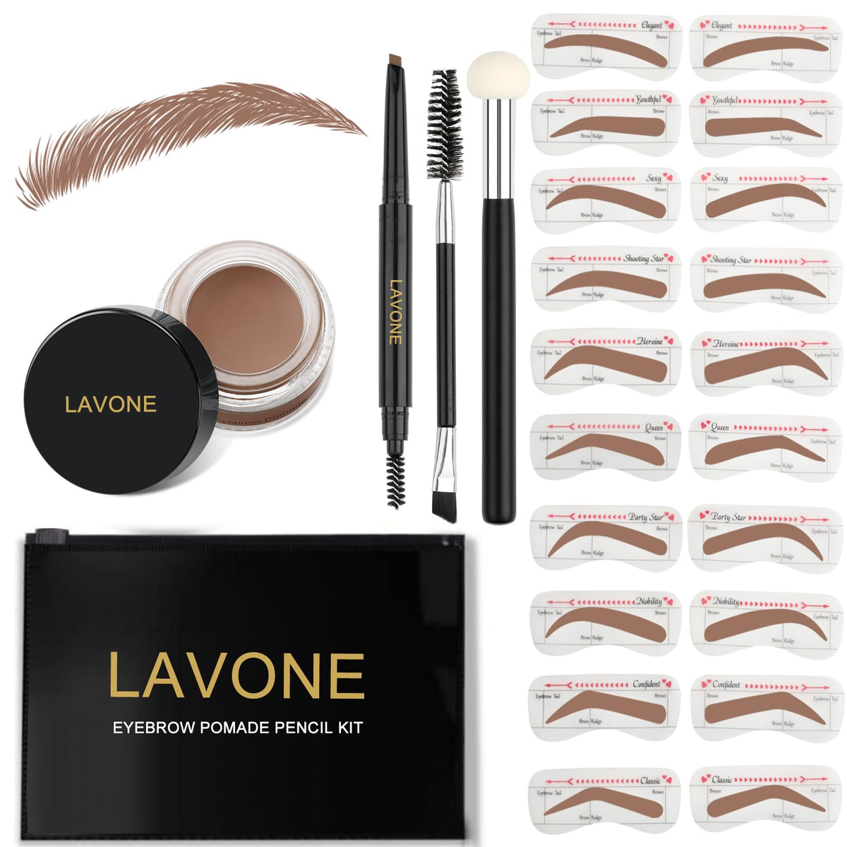 Lavone Eyebrow Stamp Kit - Waterproof Pencil, Pomade, 20 Stencils, Dual-Ended Brush - Ash Brown