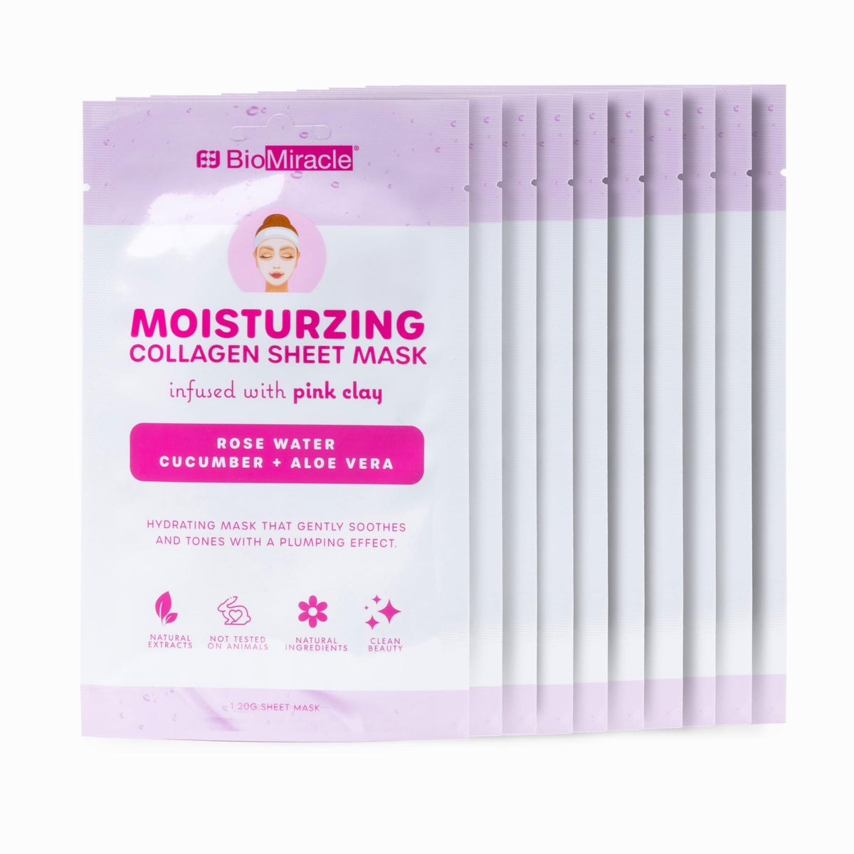 Biomiracle Collagen Moisturizing Sheet Mask With Pink Clay & Aloe Vera - 10 Pack