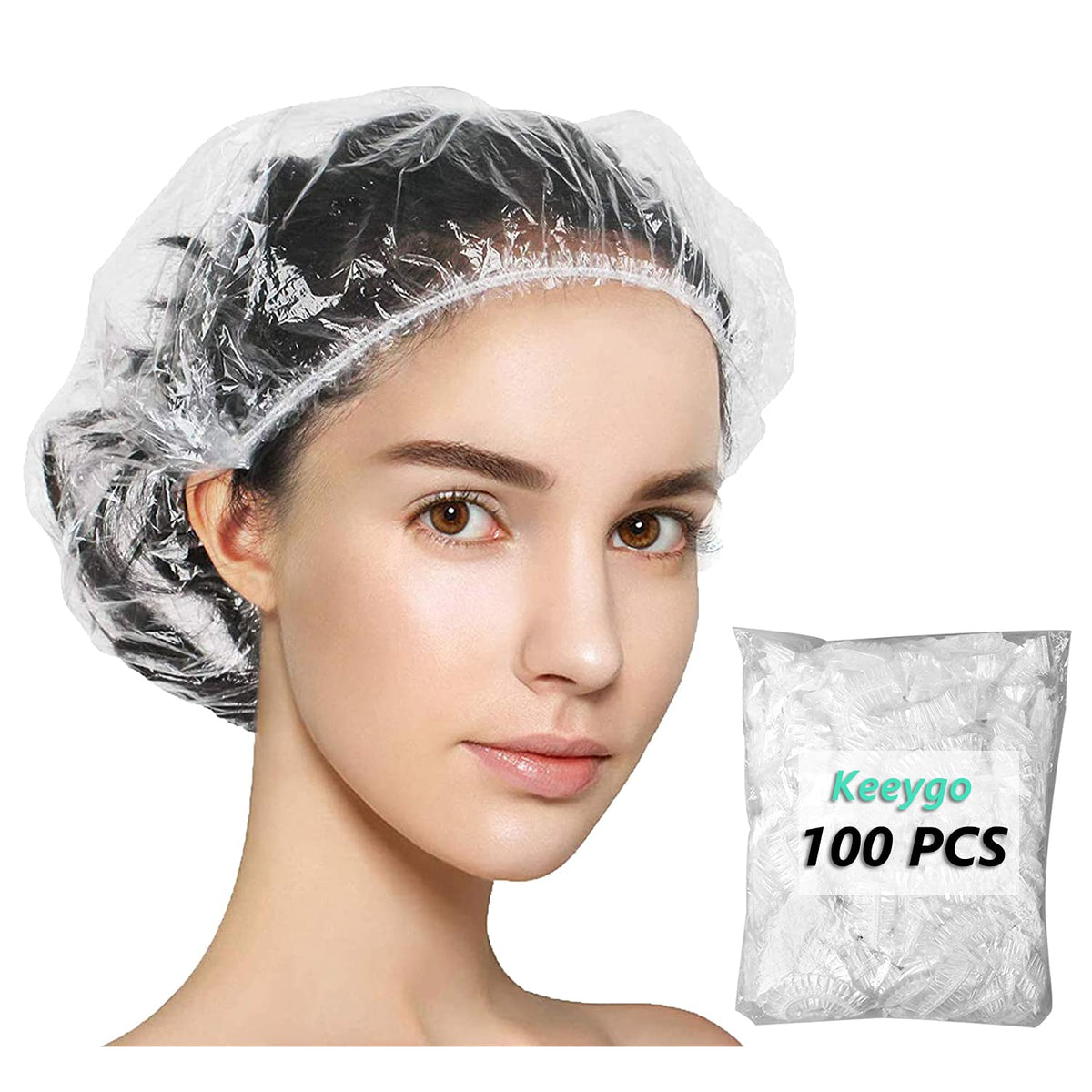 Keeygo 100 Pcs Disposable Shower Caps - Clear Waterproof Plastic Hair Caps For Women, Travel