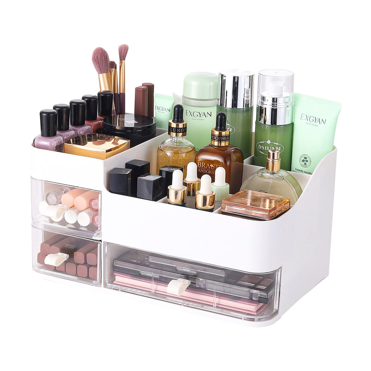 Cq Acrylic White Makeup Organizer - Large Plastic Cosmetic Storage With 3 Drawers For Beauty & Skincare