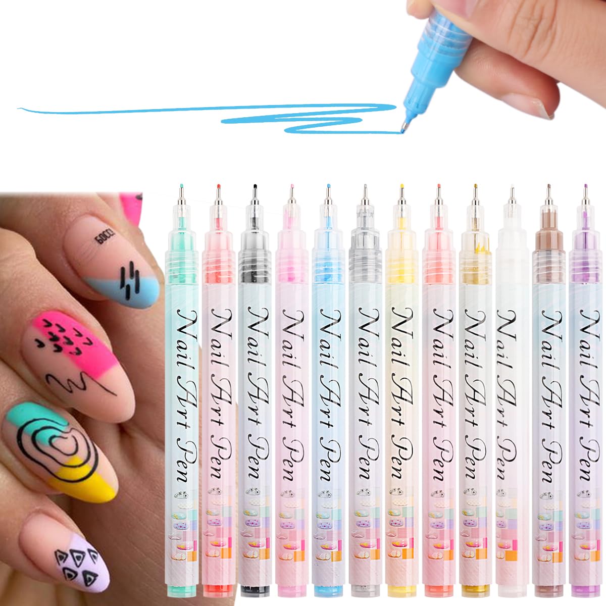 Fcozpjk Nail Art Graffiti Pen Set - 12 Waterproof Markers For Professional Manicure, 0.7Mm