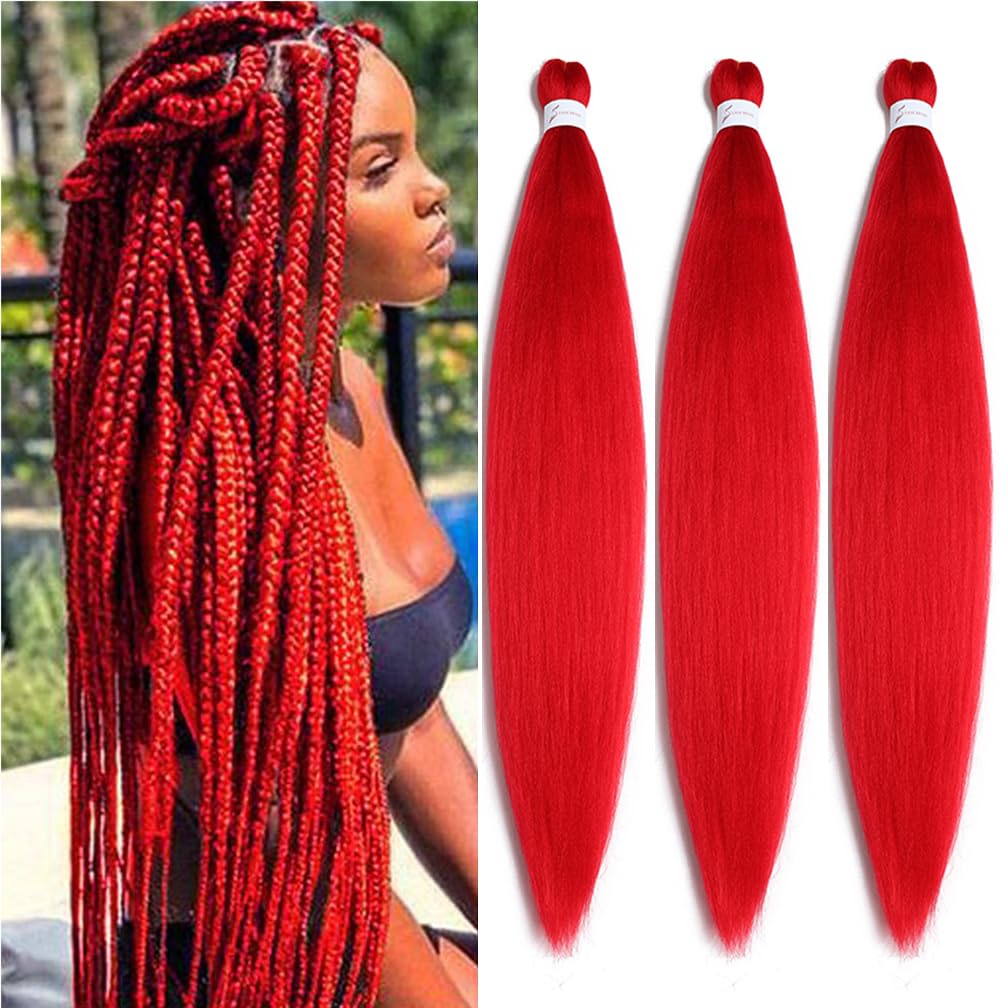 Balinghair 28 Inch Kanekalon Braiding Hair - Red Yaki Texture, Hot Water Setting (3 Packs)