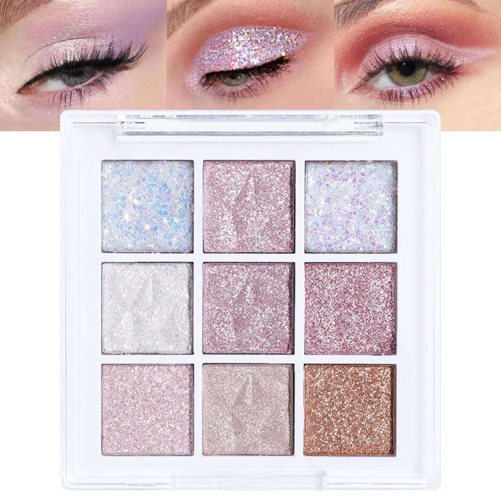 Cakaila 9 Colors Eye Shadow Palette - Pink, White, Purple Shimmer, Waterproof, Long Lasting