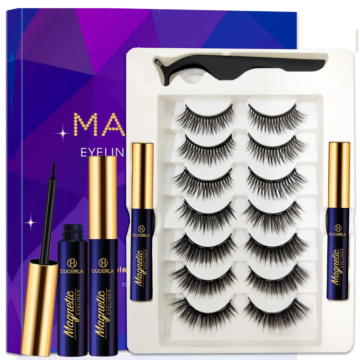 Duoerla 3D Magnetic Eyelashes - 7 Pairs, 2 Tubes Liner, Waterproof, Reusable