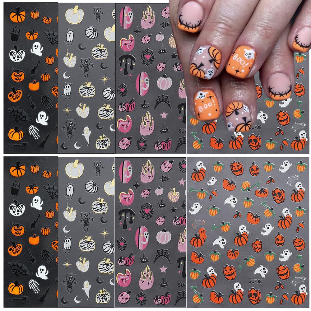 Ctthnbd 8 Sheets Halloween Nail Art Stickers - Pumpkins, Ghosts & Spider Web Designs