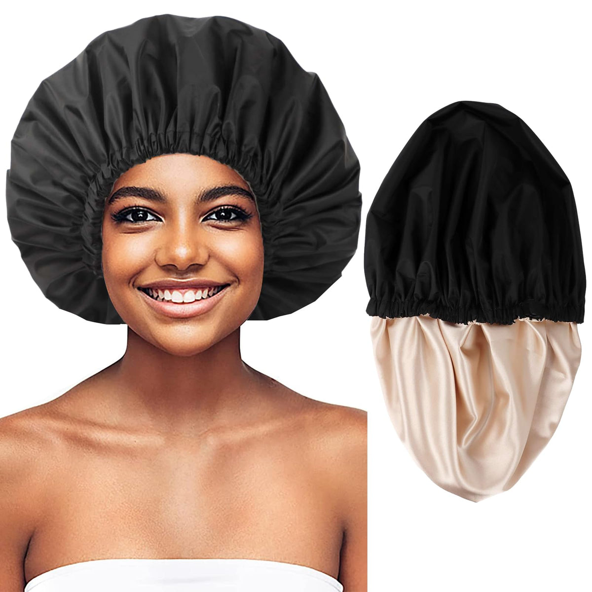 Himoswis Waterproof Satin Shower Cap For Women - Large Hair Cap For Braids & Long Hair (Black/Champagne)