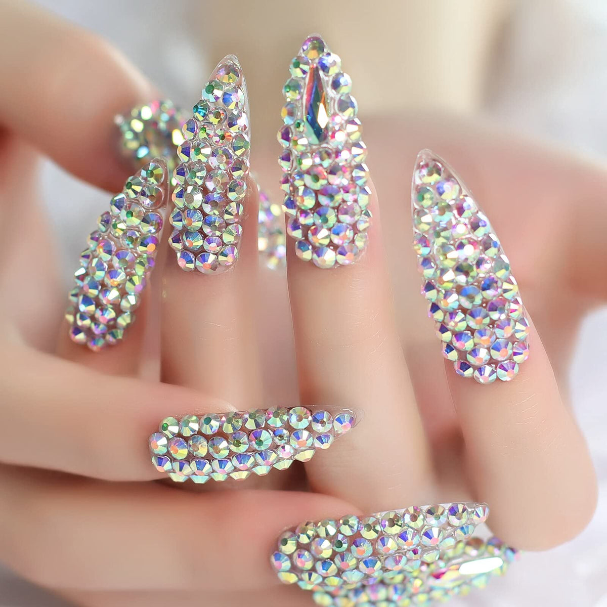 Coolnail 3D Holo Rhinestone Press-On Stiletto Nails, 24pcs Long Fake Nail Art Set for Weddings