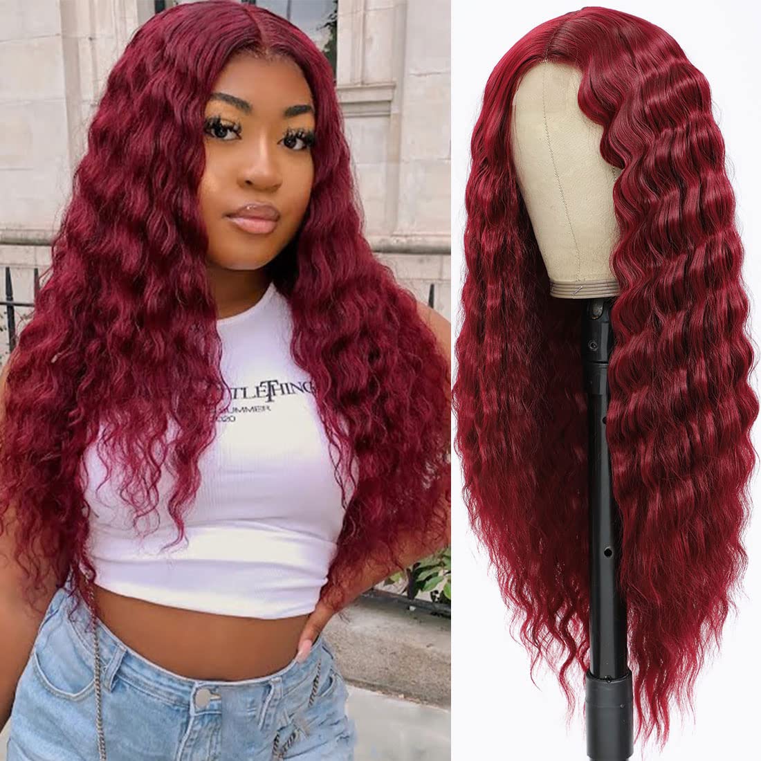 Clione Long Burgundy Deep Wave Wig 28 Inch Lace Front Synthetic Curls For Women