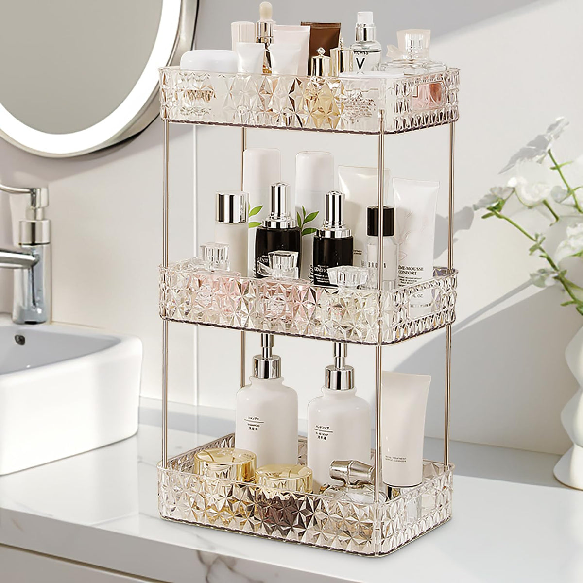 Heaime Clear Acrylic 3 Tier Makeup Organizer For Vanity & Bathroom Countertop, Perfume Holder