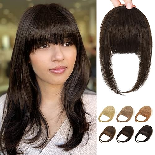 REECHO Clip in Bangs - 100% Human Hair, Dark Chocolate Brown, 3 Thick Clips for Women