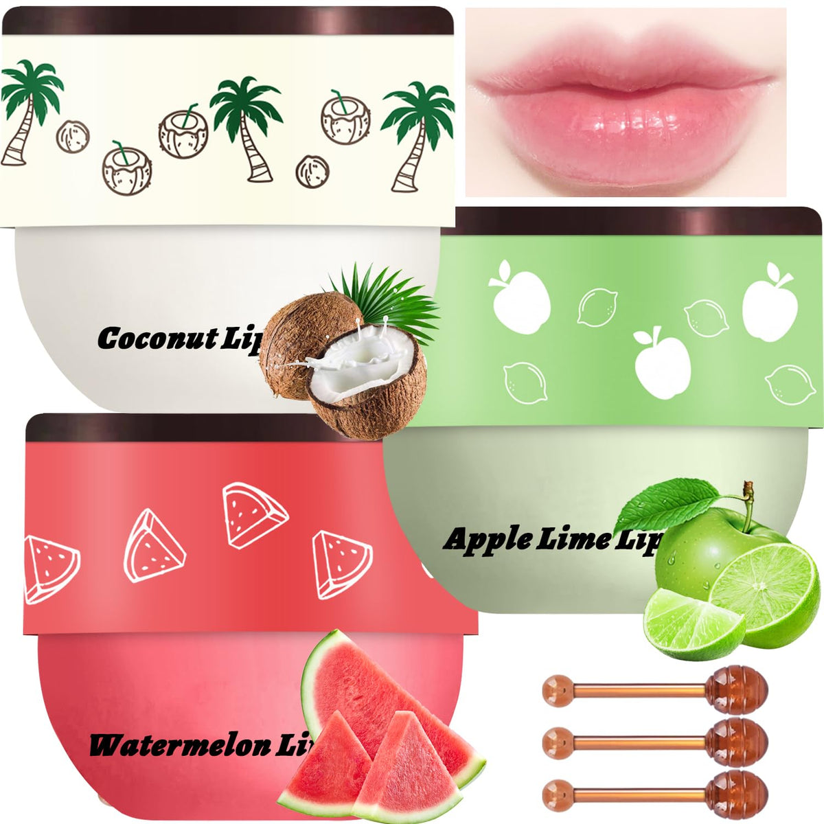 Meilury 3 Pcs Bee Lip Balm Set - Coconut Watermelon Apple Lime Moisturizing Lip Mask