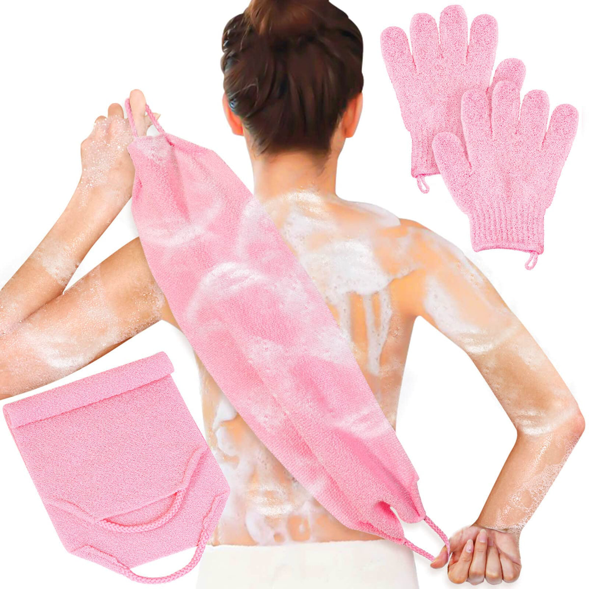 Anezus Pink Exfoliating Shower Bath Gloves Set - 3 Pack Back Scrubber For Body & Face