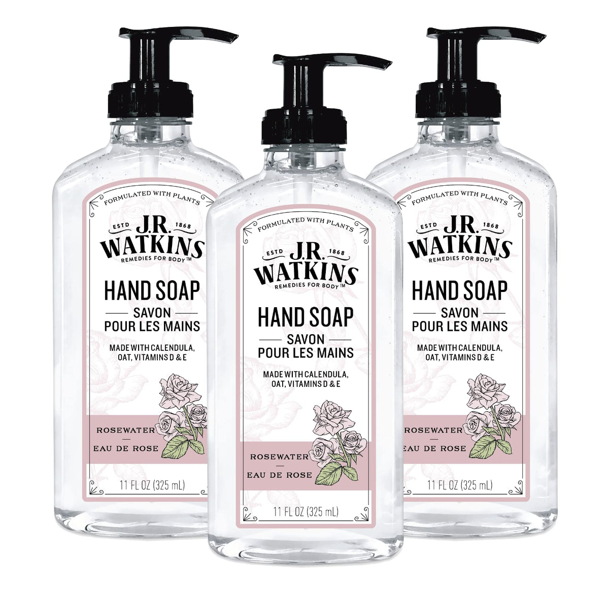 J.R. Watkins Rosewater Gel Hand Soap, 11 Fl Oz (Pack Of 3), Moisturizing, Cruelty-Free