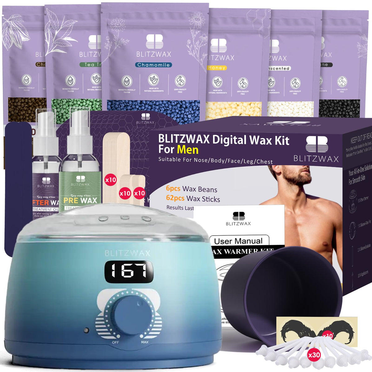 Blitzwax Wax Warmer Kit With 30 Nose Wax Sticks - Painless Hair Removal For Men, Blue Waves