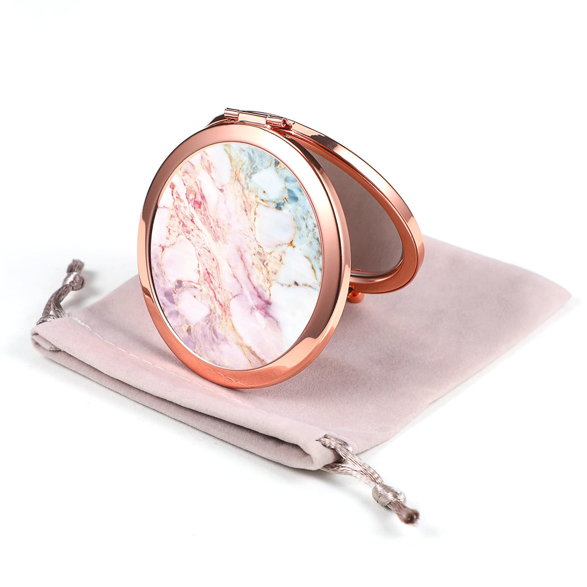 Dynippy Rose Gold Compact Mirror - Double-Sided 2x/1x Magnification, Mini Pocket Size, A-Pink Marble