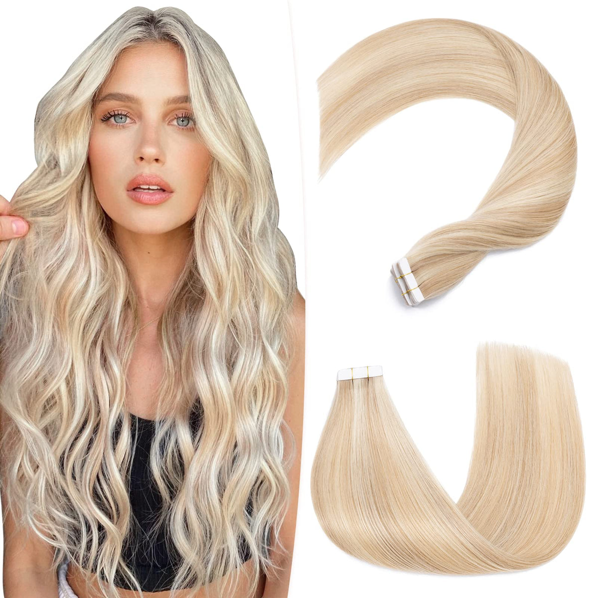 Hairro 20 Inch Tape In Hair Extensions, Ash Blonde Mix, Real Human Hair, 50G, 20Pcs