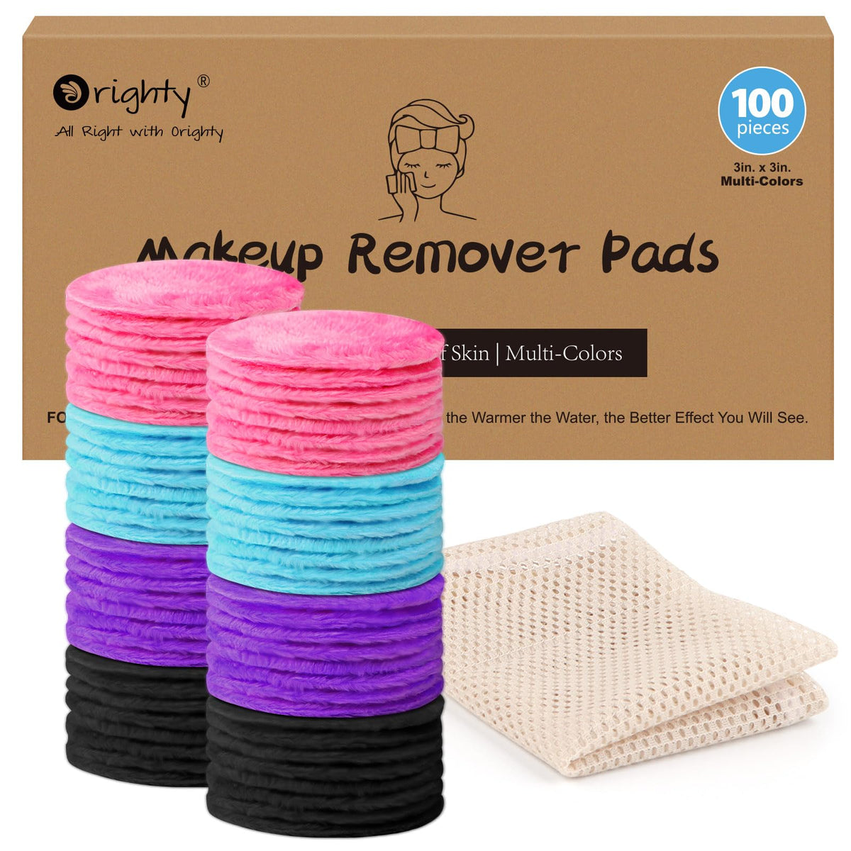 Orighty Microfiber Makeup Remover Pads, 100 Eco-Friendly Reusable Cloths, Multi-Color