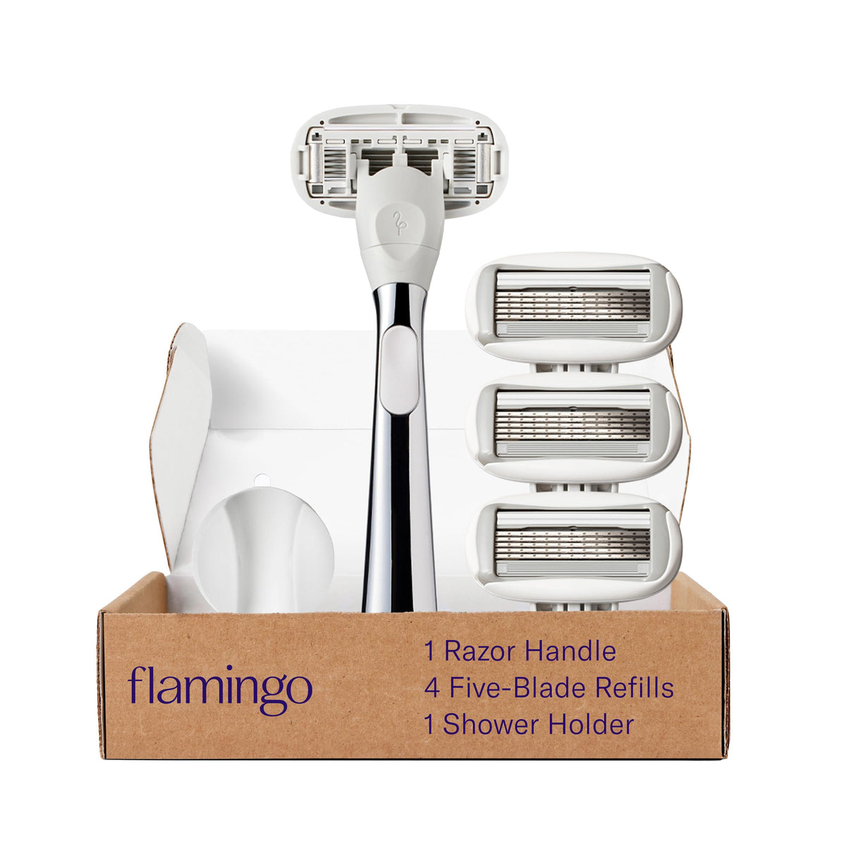 Flamingo Women'S Razor Set - Chrome Handle, 4 Five-Blade Refills & Shower Holder, 6 Count