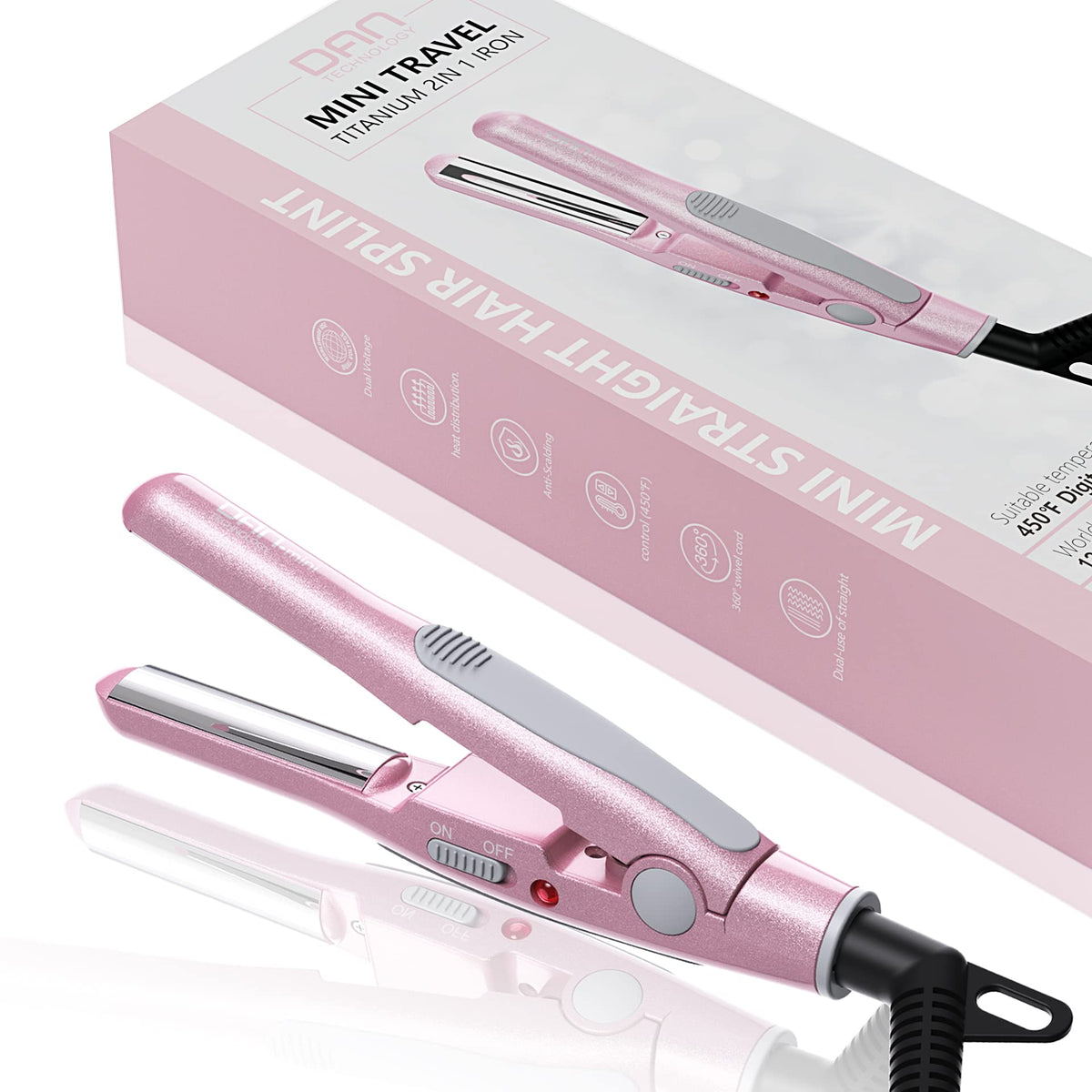 DAN Technology Mini Hair Straightener, 1/2&quot; Dual Voltage Travel Flat Iron, U-Shaped Plates, Pink B