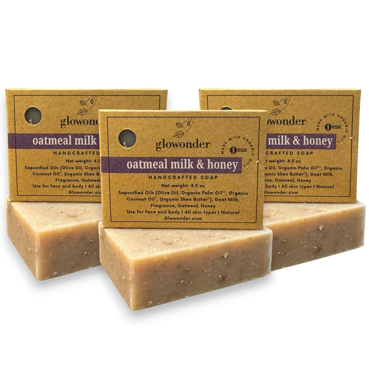 Glowonder Oatmeal Milk & Honey Organic Bar Soap - 3 Pack, Moisturizing & Cruelty-Free, 13.