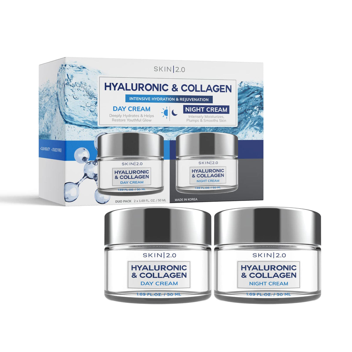 Skin 2.0 Hyaluronic & Collagen Day/Night Moisturizer - Anti-Aging Duo Set 3.38 Fl Oz