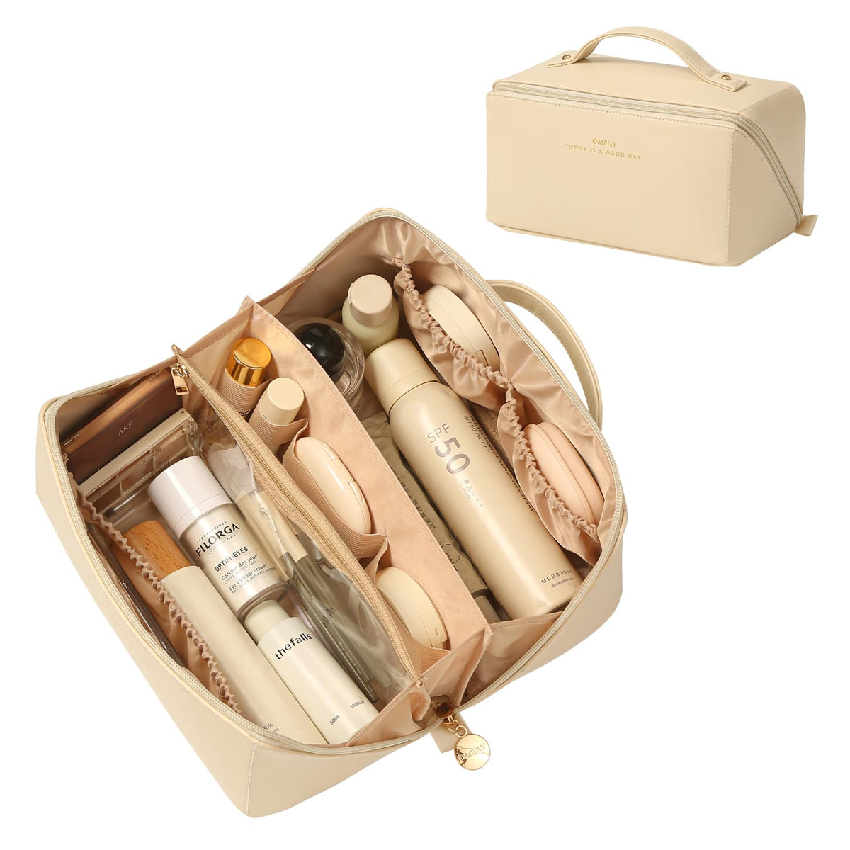 Omeily C-Beige Travel Makeup Bag Organizer - Faux Leather Toiletry Cosmetic Storage Pouch