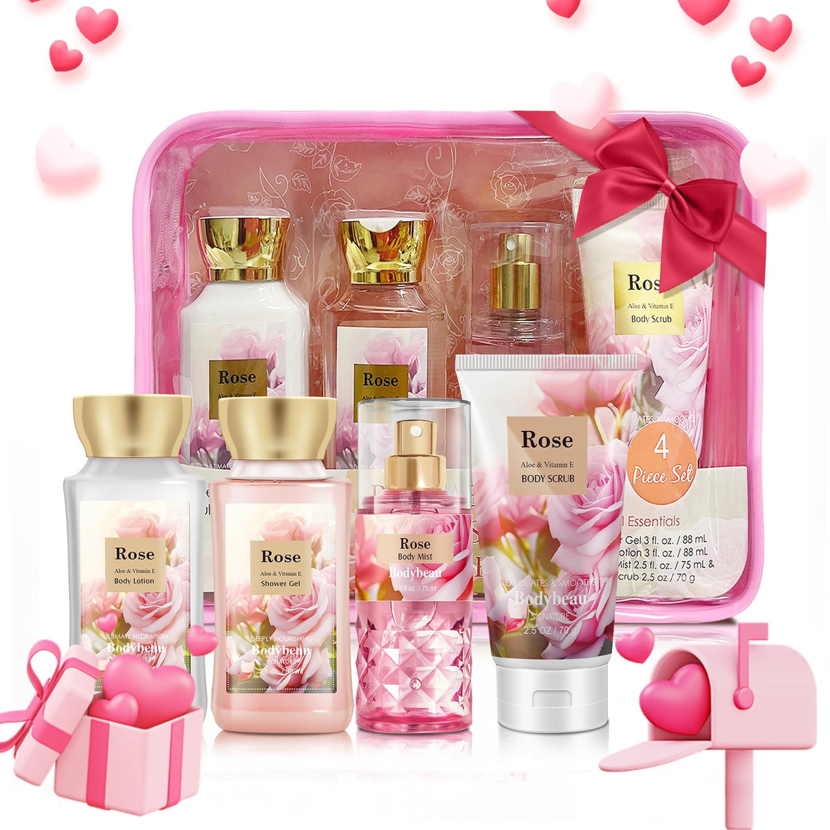 Bodybeau Rose Bath And Body Gift Set - 4Pcs Shower Gel, Lotion, Mist & Scrub For Women