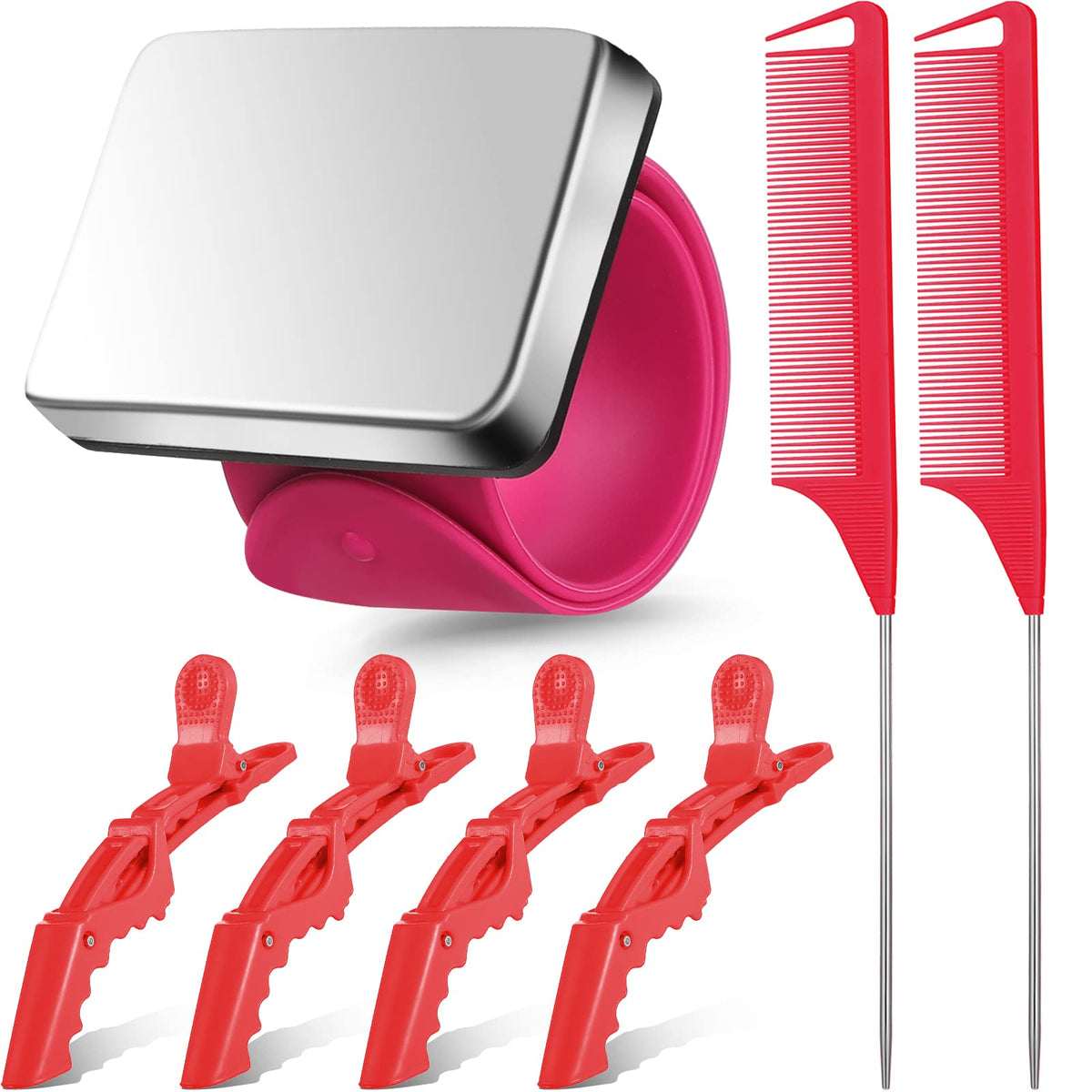 Nuenen 7-Piece Hair Braiding Tool Set - Magnetic Pin Wristband, Rat Tail Combs, Wide Clips - Red