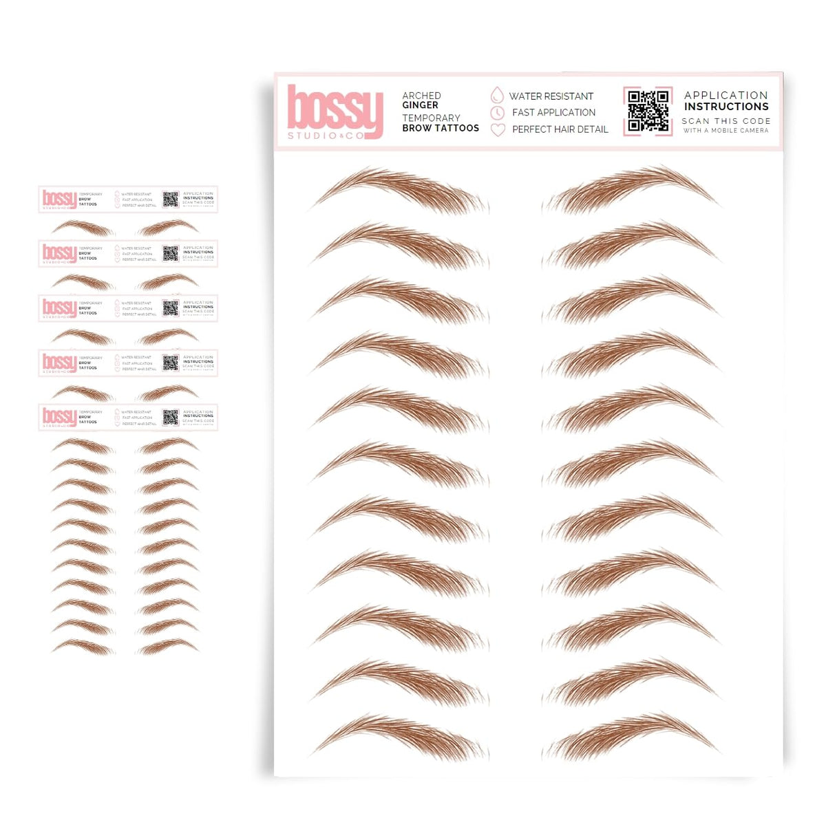 Brows By Bossy 5 Pack Waterproof Eyebrow Tattoos, Arched Ginger Instant Transfer Stickers