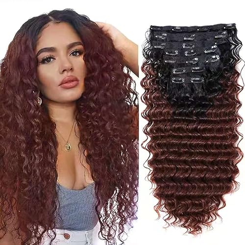 Fashion Icon Hair 24&quot; Deep Wave Clip In Human Hair Extensions Ombre T1B/33 Thick & Natural