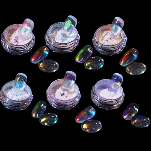 CHARMING MAY Ice Transparent Aurora Nail Powder - Neon Rainbow Holographic Multi Chrome Glitters