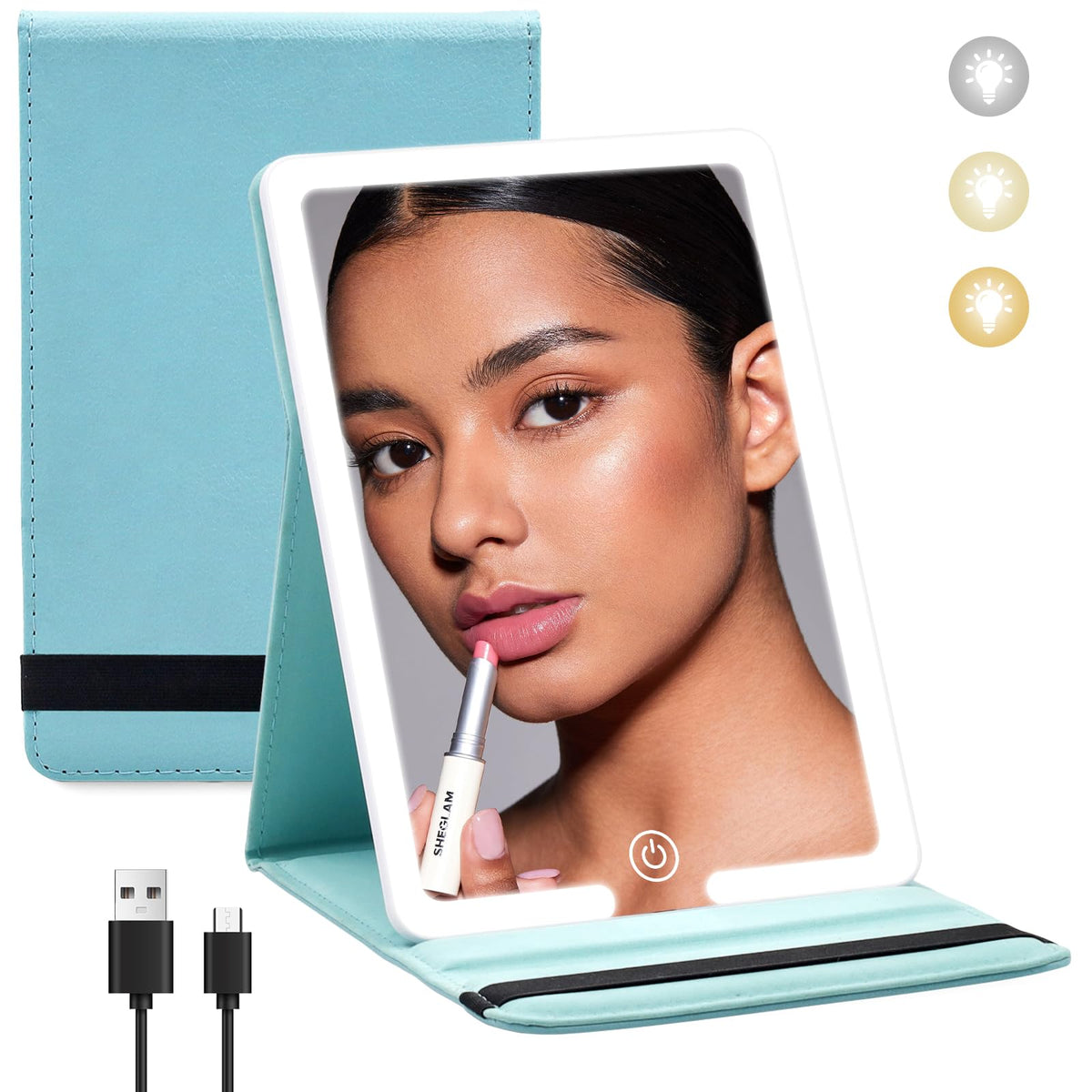 Jadazror Blue Lighted Travel Makeup Mirror - Compact, Dimmable, Rechargeable Vanity Mirror 8X5.5Inch