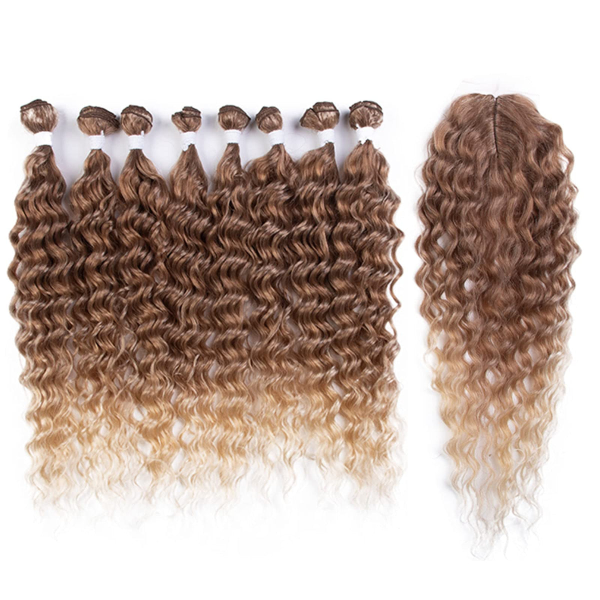 Début 20&quot; Ombre Brown Blonde Water Wave Synthetic Hair Weave 8 Bundles + Closure 240G