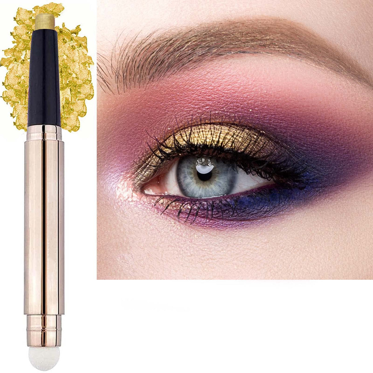 Saubzean Gold Shimmer Eyeshadow Stick, Waterproof Cream Highlighter Pencil With Soft Brush