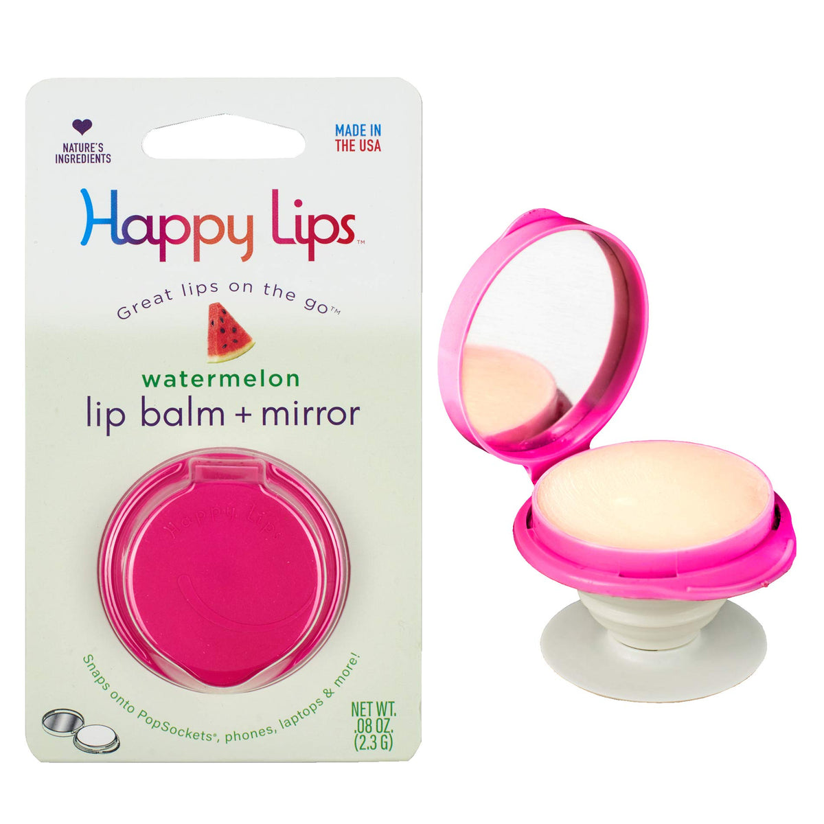 Happy Lips Watermelon Lip Balm & Mirror - Portable Lip Care For Phone Socket Grip