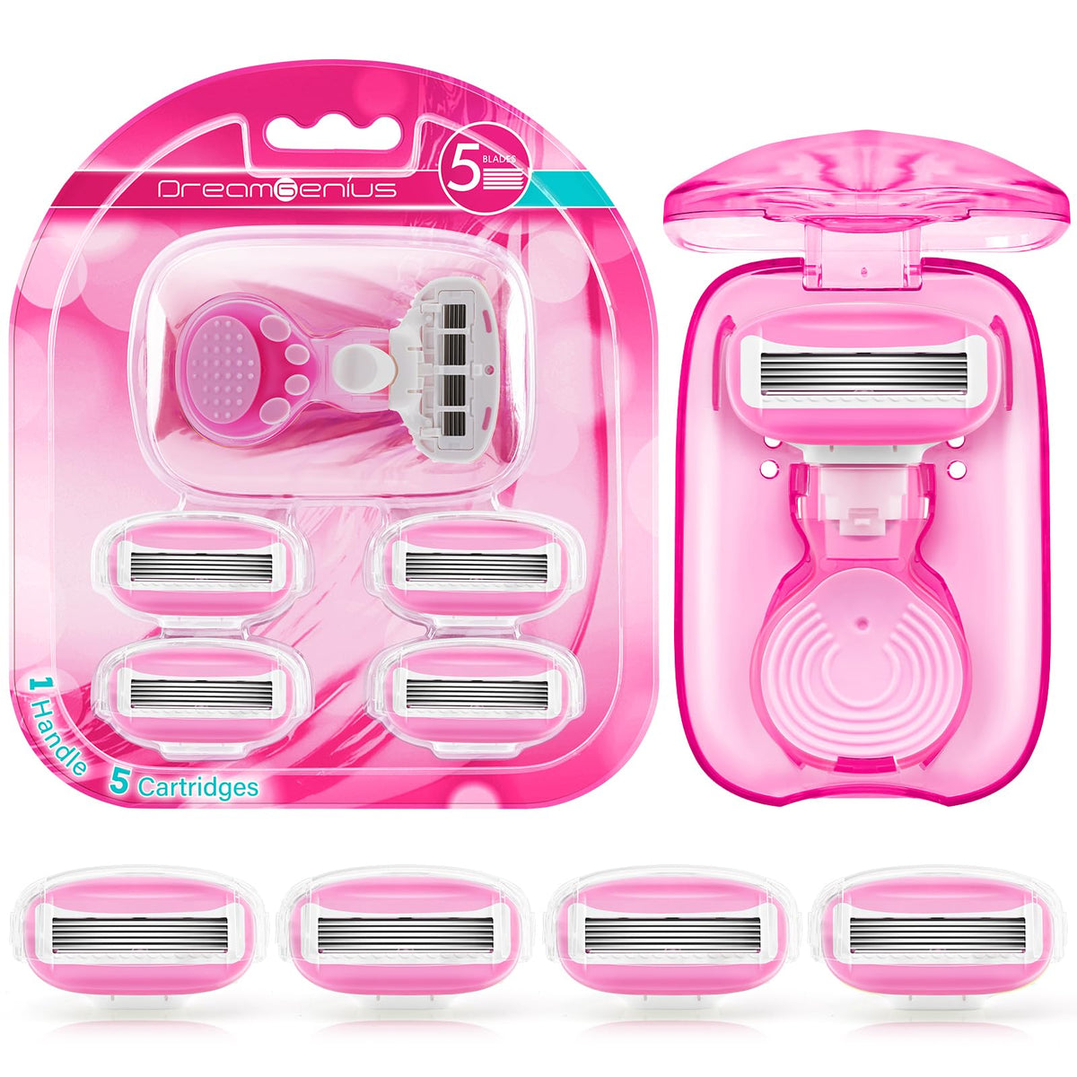 Dreamgenius Pink Travel Razors For Women - 5-Blade Mini Razor With Case, 1 Handle & 5 Cartridges